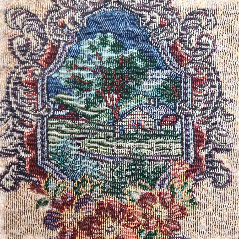 Vintage Woven Tapestry Landscape Panel Floral Scroll‎ Border Pastoral Scene Art